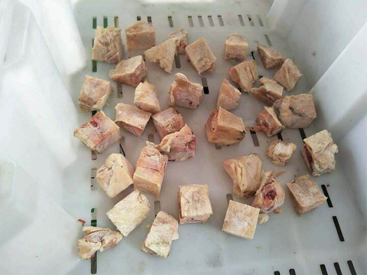 Chicken Block Cut By The Meat Cutting Machine