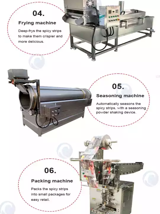 Spicy Strip Production Line | Chinese Spicy Snack Machine 5 Spicy Strips Frying, Seasoning, And Packaging Machine